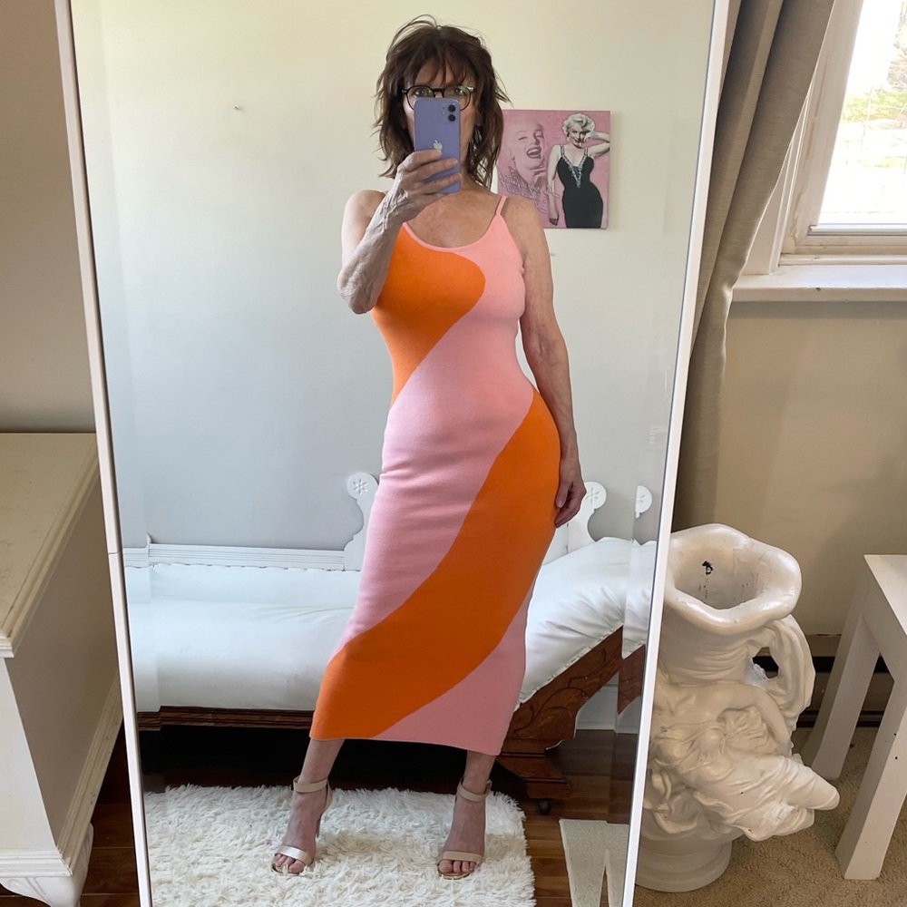 PINK ORANGE MAXI TANK DRESS ADJUSTABLE STRAPS FORM FIT STRETCH KNIT COLOR BLOCK